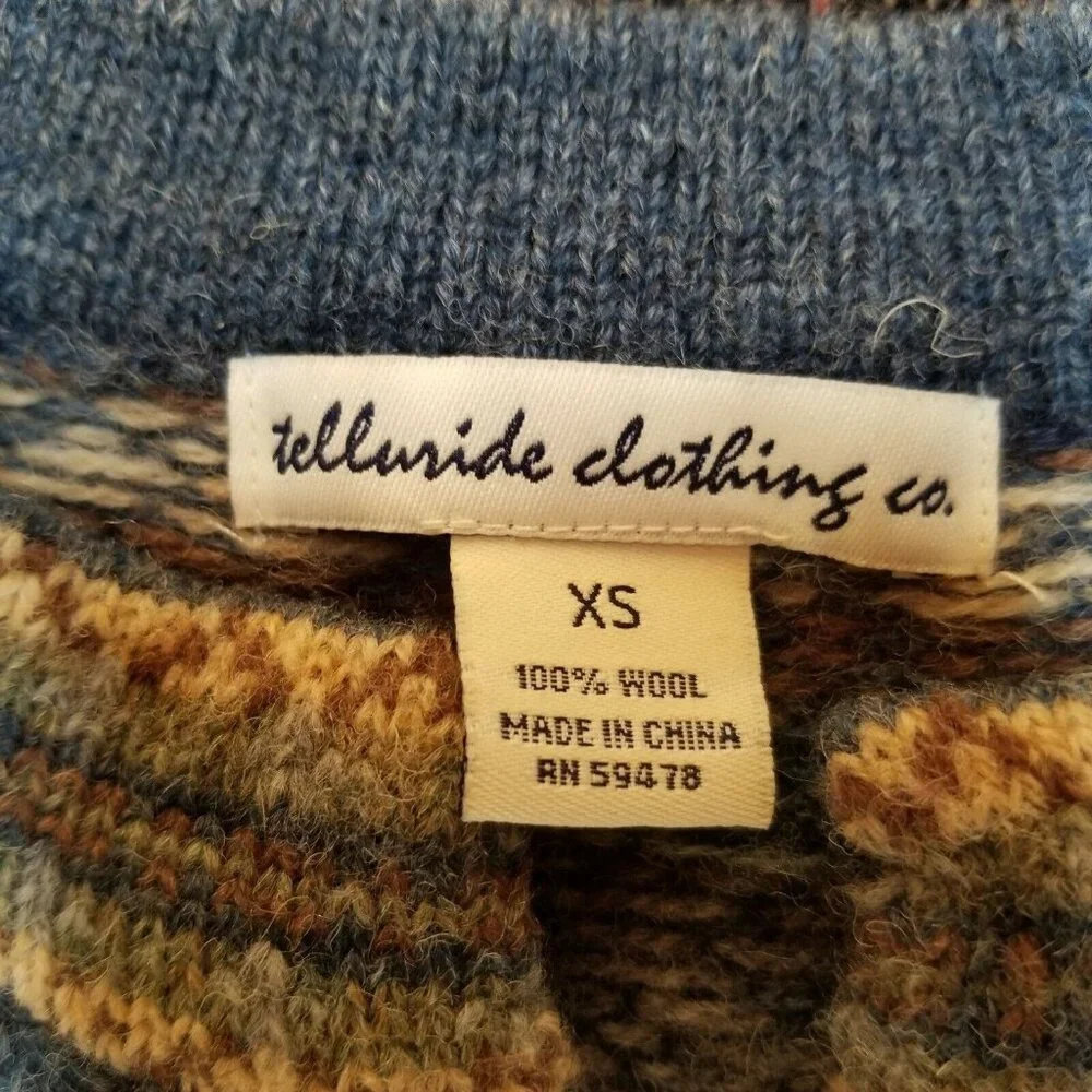 Telluride Clothing Womens XS Wool Fair Isle Cardigan Sweater Blue Chinese Button